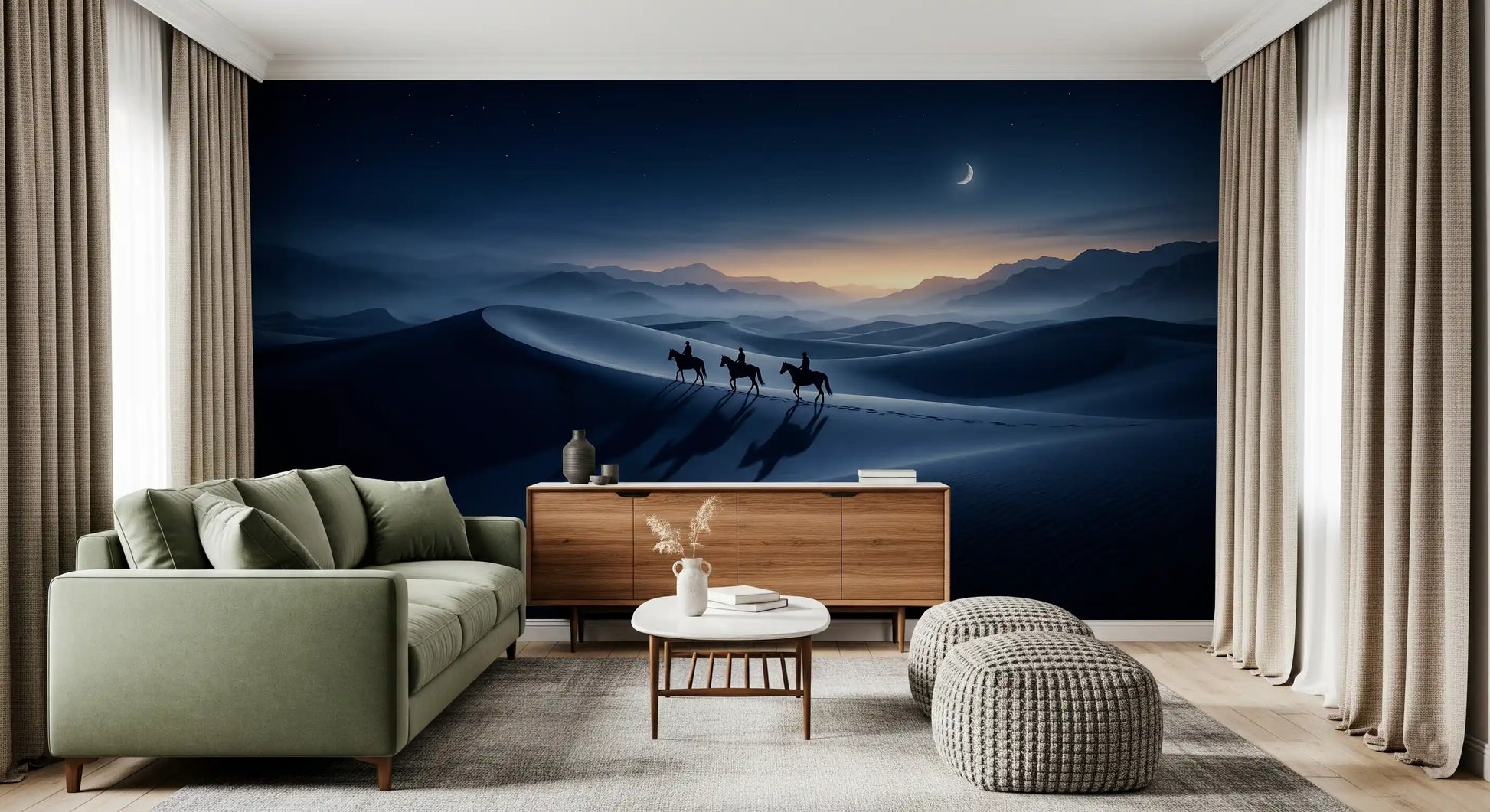 Dunes and a crescent sky stretch into the living area through this Desert Riders wall mural