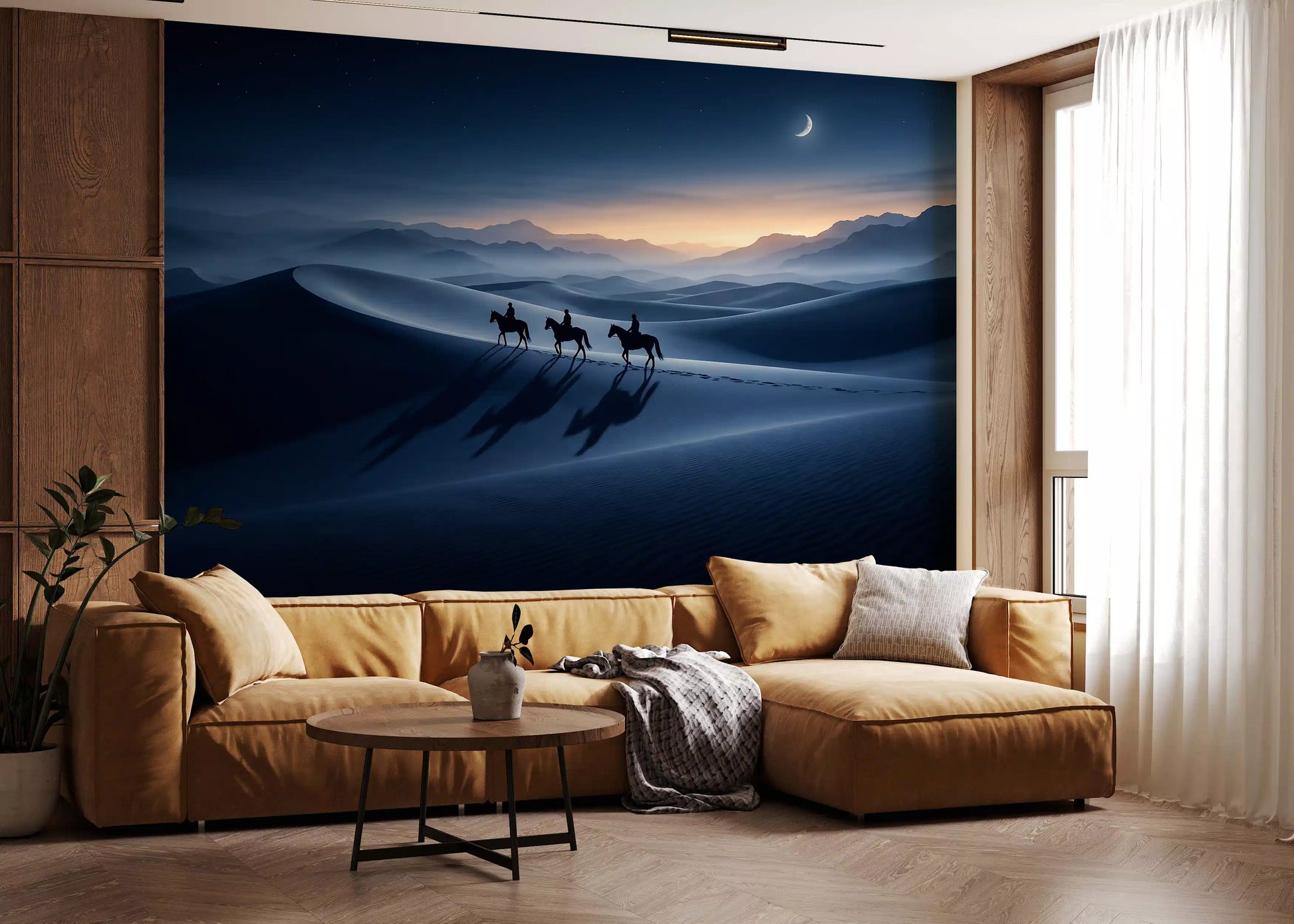 Crescent moon hangs over the desert horizon in this Twilight's Horizon wall mural panel