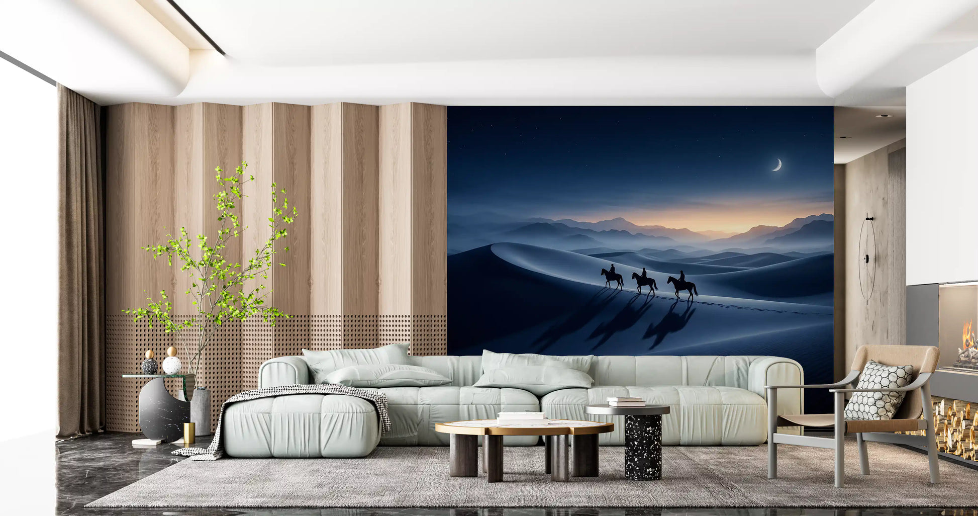 Crescent moon and silvered dunes fill the living room with this Desert Riders wall mural