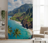 Close up view of sweeping mountain landscapes on the Emerald wall mural surface.