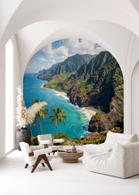 Arched lounge area showcasing a beautiful Coast wall mural with gorgeous ocean views.