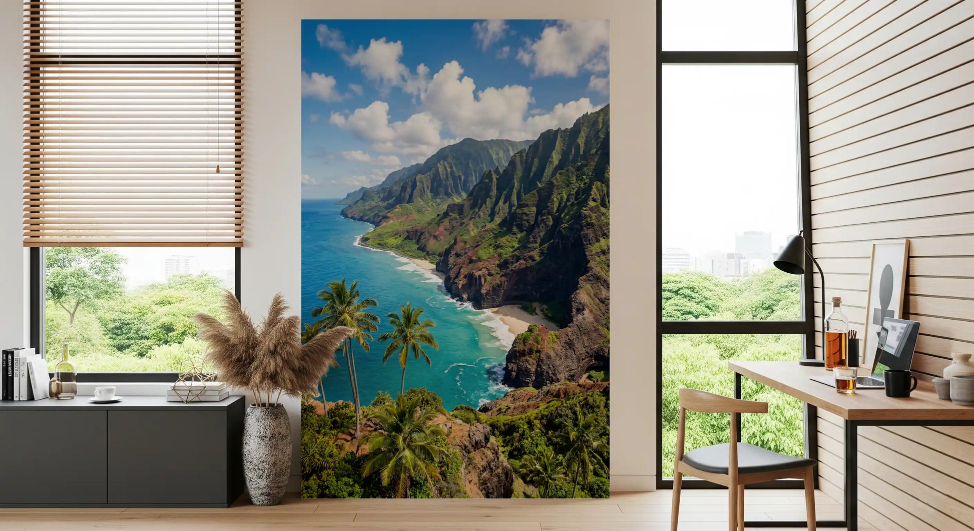 Highlighting tropical palm trees and vibrant ocean waters in the Sea wall mural