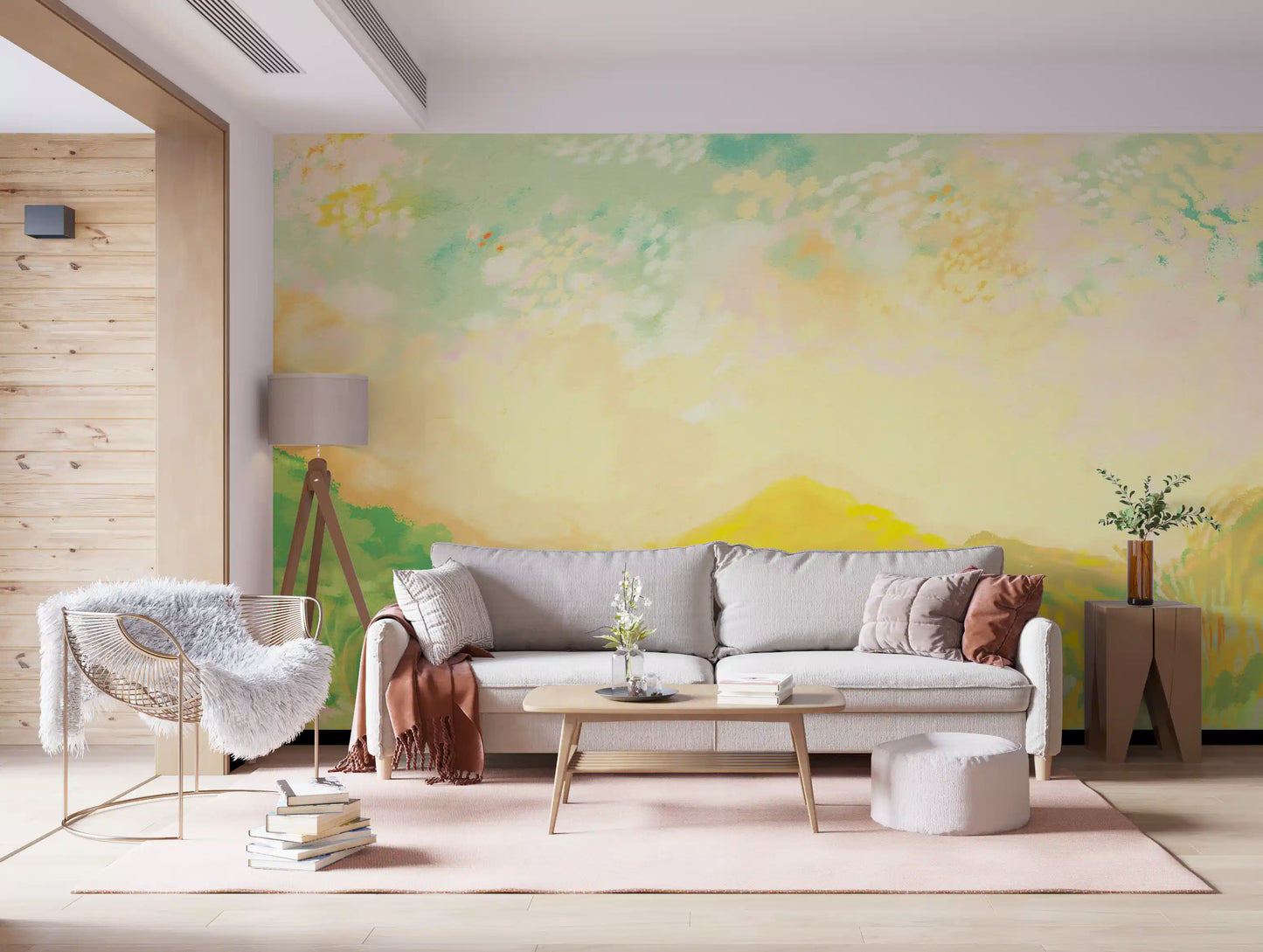 Lounge showcasing this golden meadow landscape wall mural