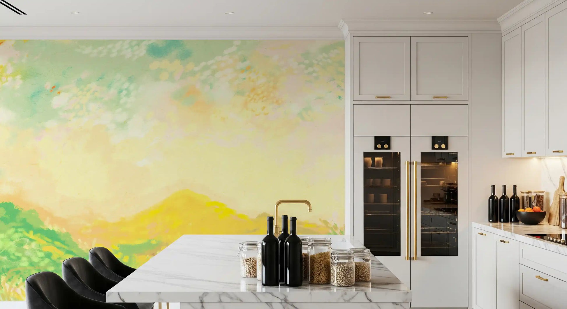 Kitchen-dining area featuring charcoal strokes on a wall mural