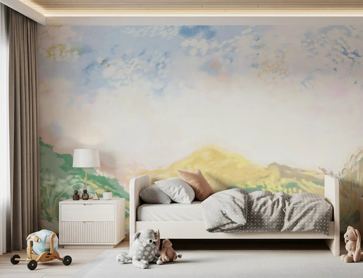 Peaceful kids' room displaying a Dreamy pastel scenery wall mural.