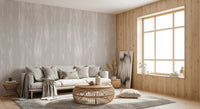Minimalist lounge featuring an abstract neutral wall mural.