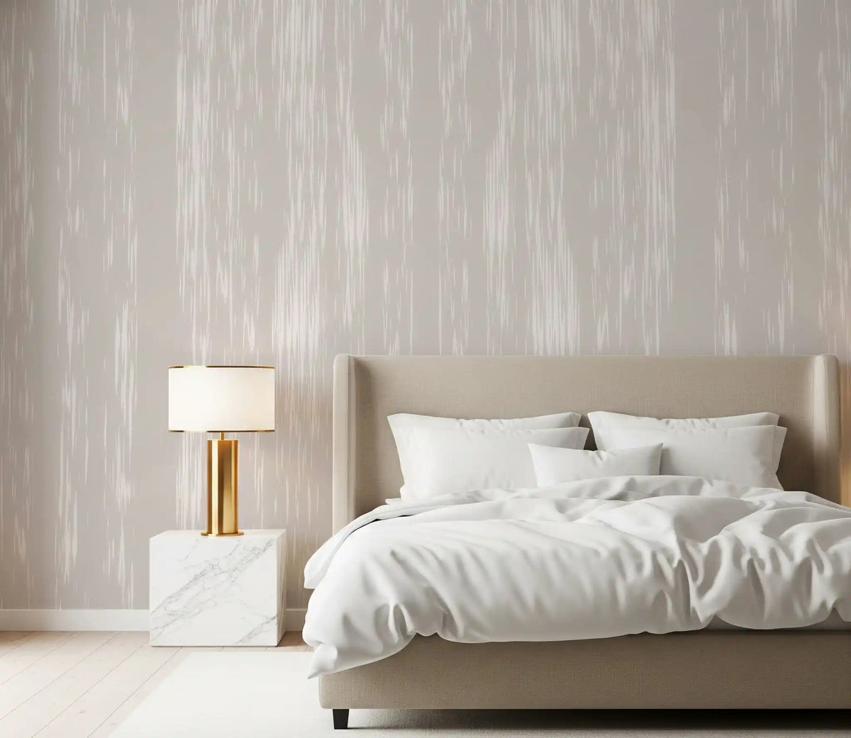 Gentle beige streaks wall mural styling a calm modern bedroom.