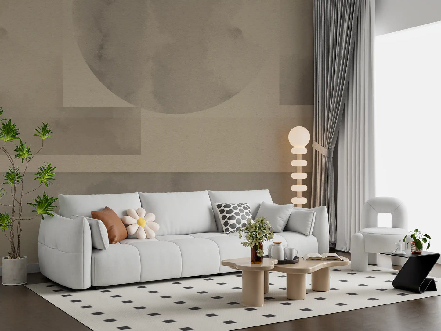Modern Living room  highlighting a neutral abstract wall mural.