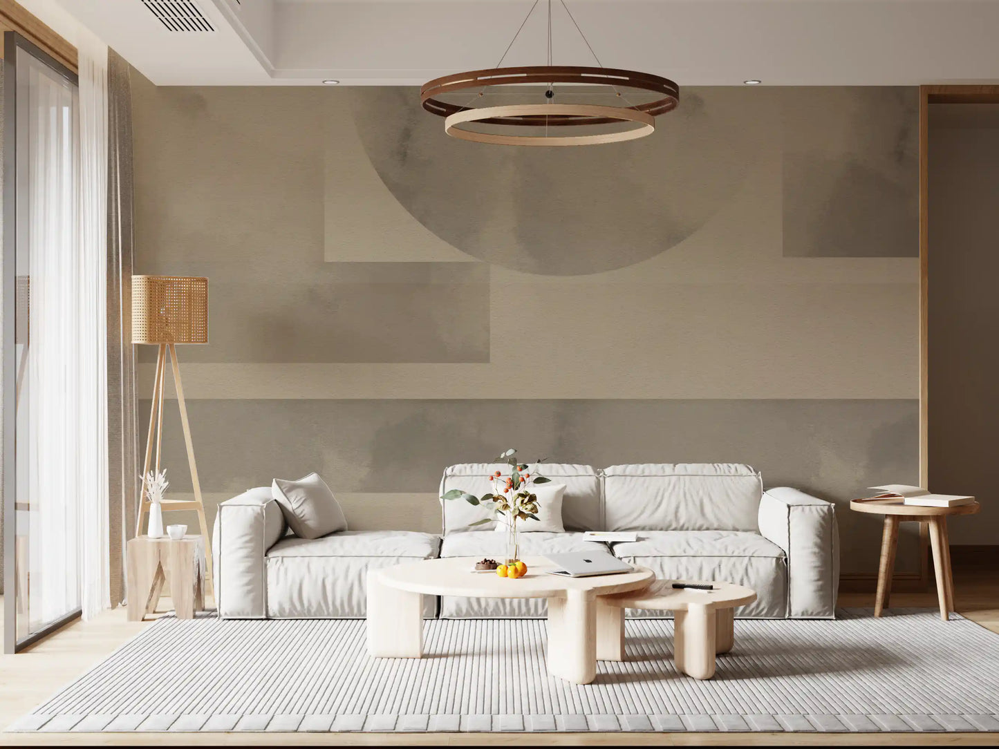 Contemporary living room displaying an earthy wall mural.