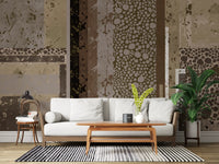 Large living room showcasing the Urban Patina Collage Abstract geometric Wall Mural.