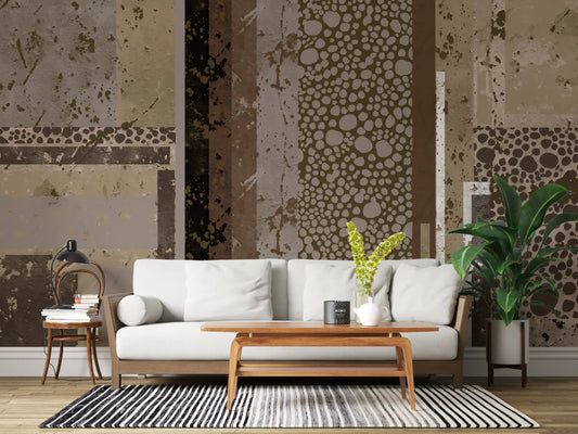 Large living room showcasing the Urban Patina Collage Abstract geometric Wall Mural.