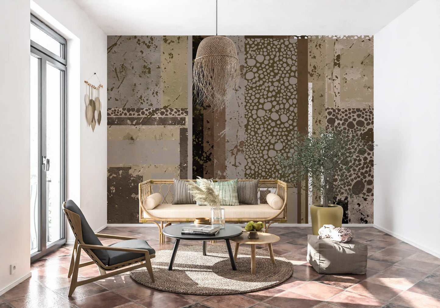 Minimalist lounge interior featuring a distressed collage wall mural.