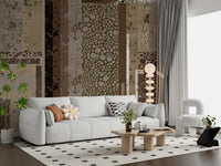 Intricate distressed shapes on a brown and beige geometric wall mural.