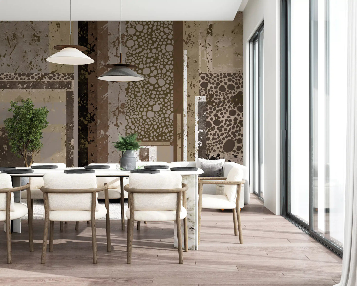Bright dining room highlighting a textured urban wall mural.