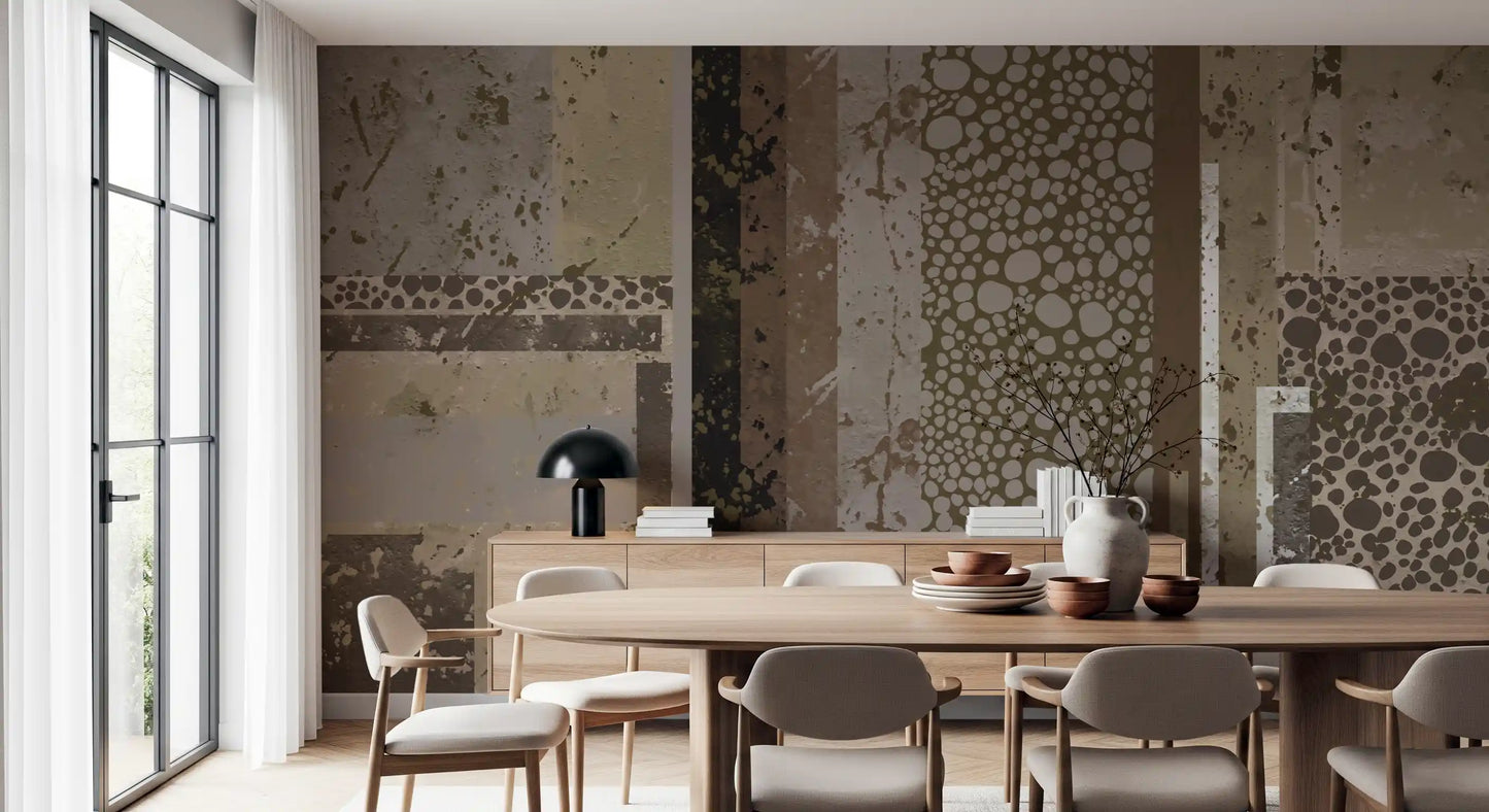 Modern dining room featuring a geometric wall mural pattern.