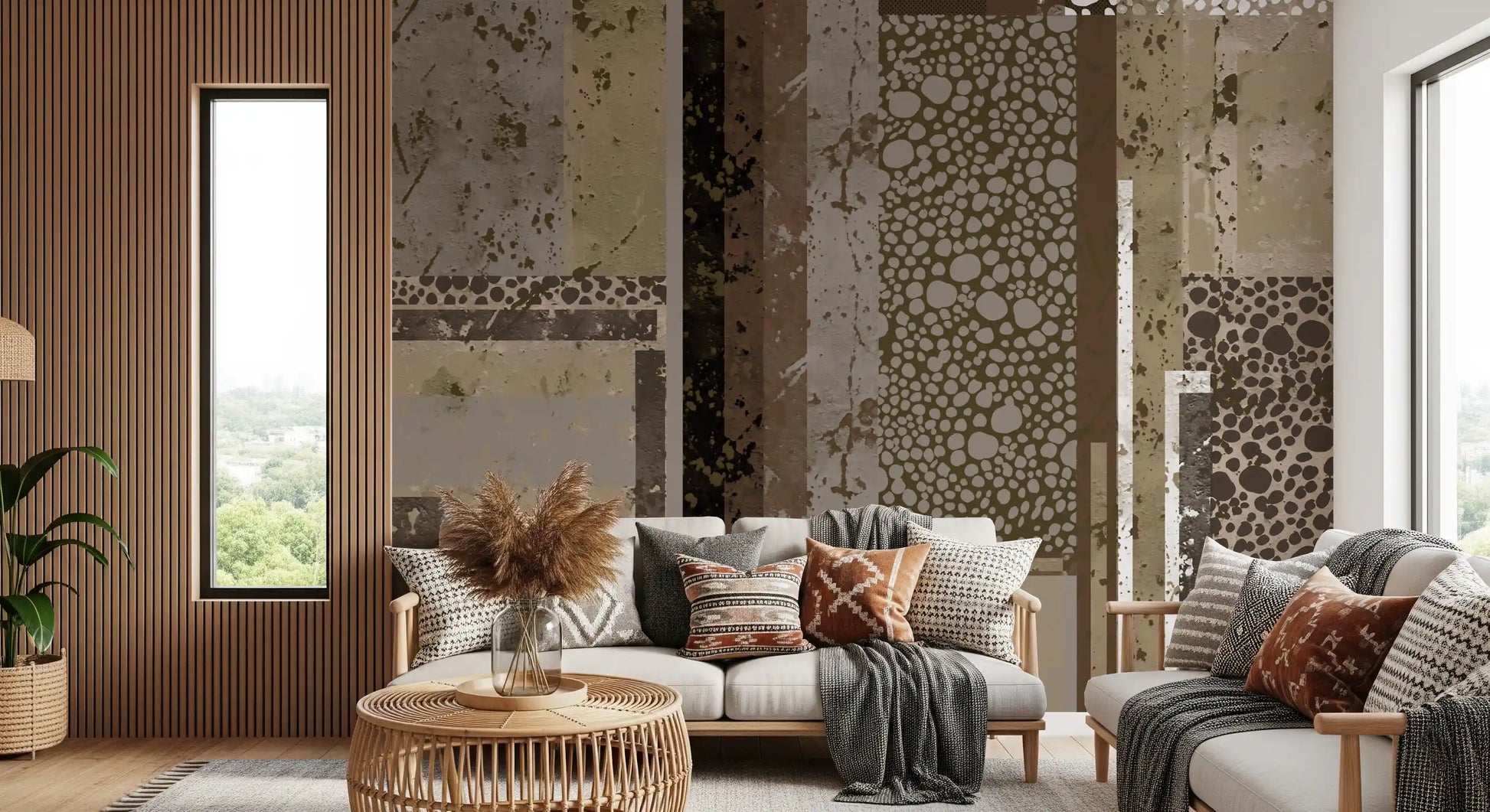 Large rectangular blocks and organic circles on a textured collage wall mural.