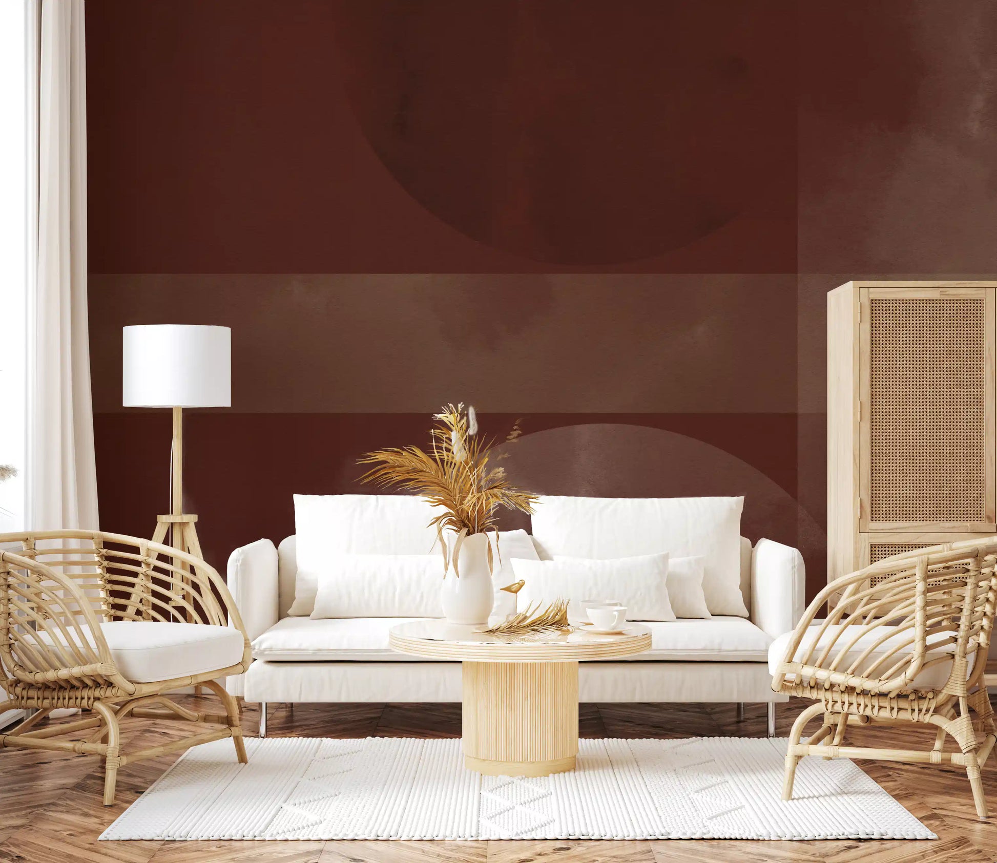 Overlapping circular patterns define the Sienna & Clay Harmony shapes wall mural