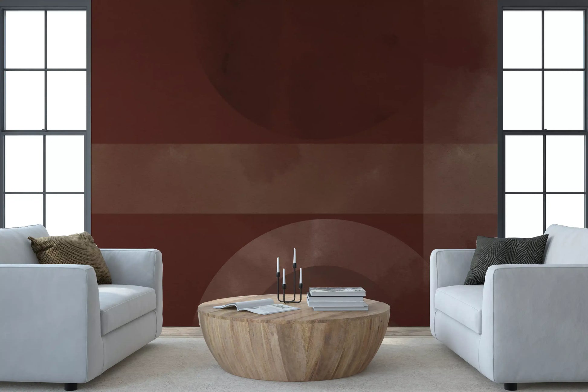 An inviting lounge environment enhanced by a deep brown harmony wall mural