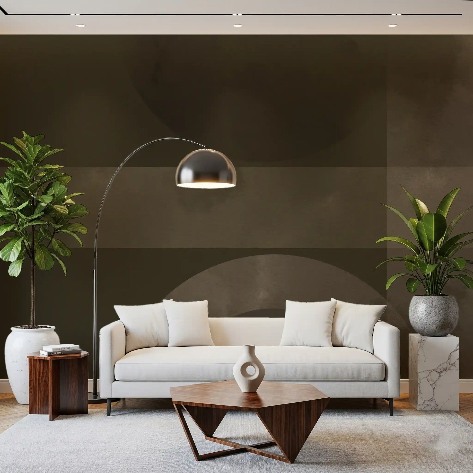 A minimalist living room featuring a brown Geometry wall mural.