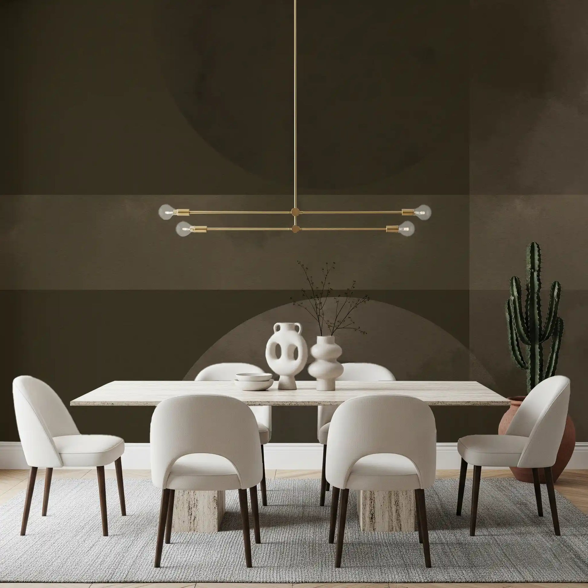 Warm dining room illuminated alongside a dark abstract wall mural.