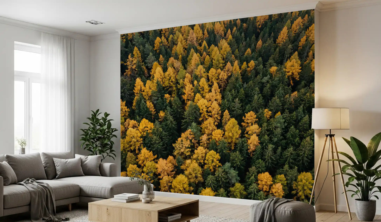 Cozy lounge setting enhanced by a vibrant Emerald inspired wall mural.