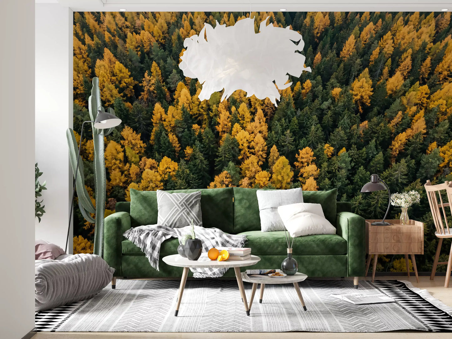 Dense treetops showcased perfectly within the Emerald and Gold Forest Canopy Wall Mural.