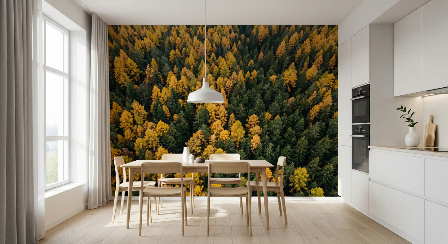 Modern kitchen-dining area featuring a dense Forest themed wall mural.