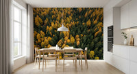 Modern kitchen-dining area featuring a dense Forest themed wall mural.