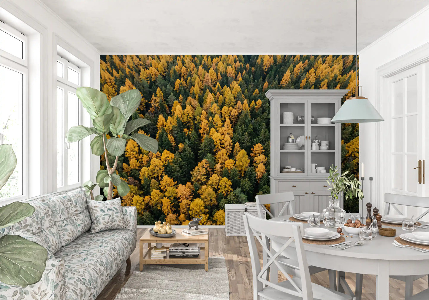 Bright Dining room by the Emerald and Gold Forest Canopy Wall Mural.