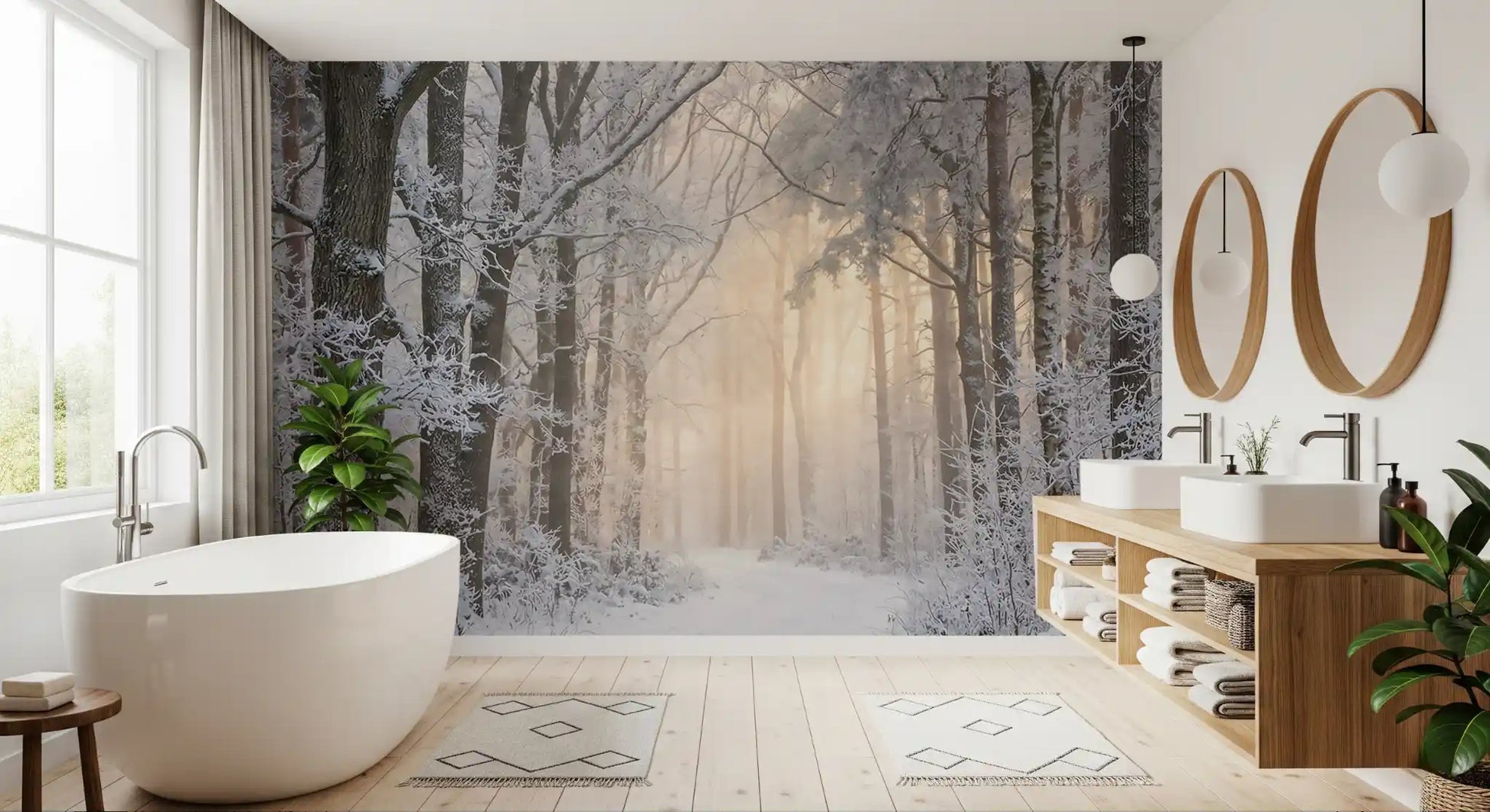 bathroom  enhanced by the misty winter forest glow wall mural.