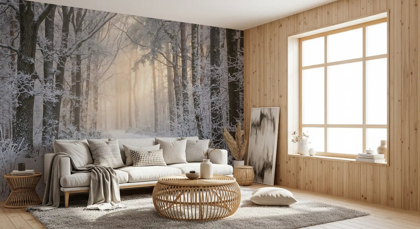 Close view of the misty winter forest glow wall mural.