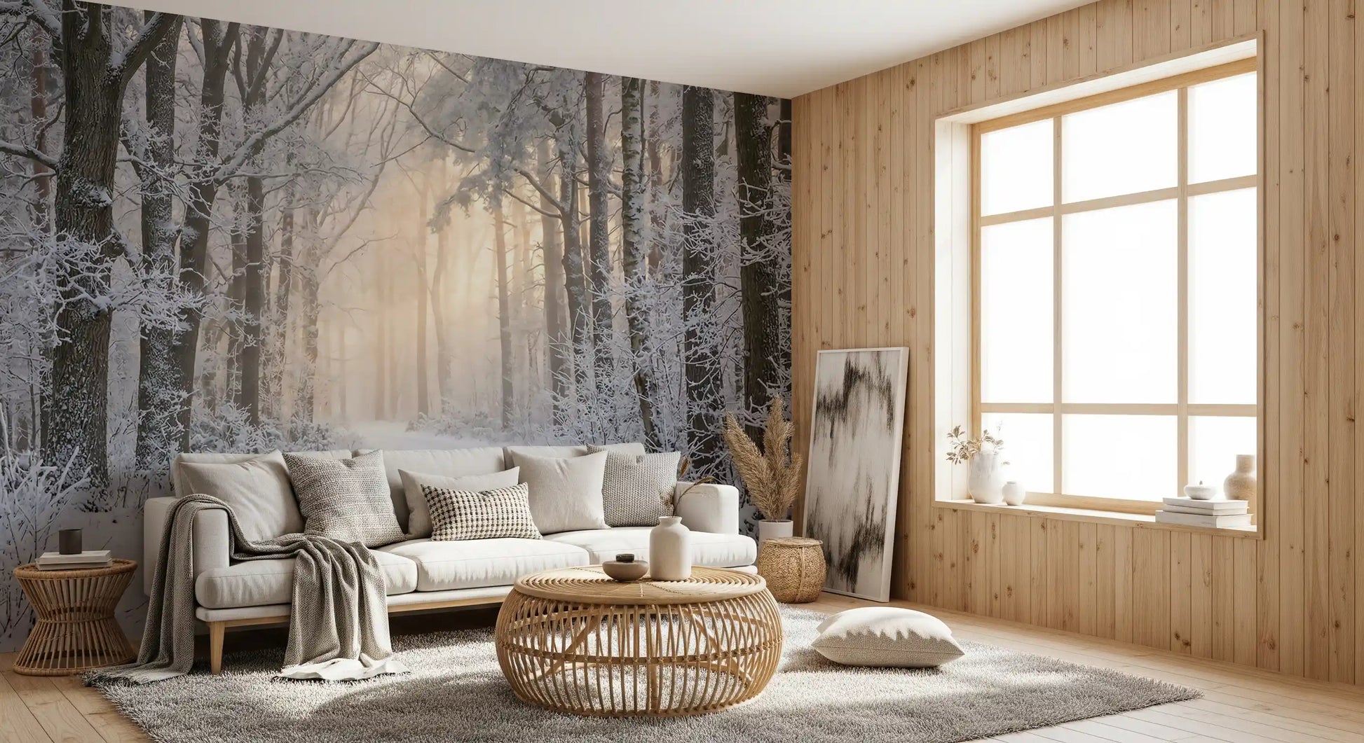 Close view of the misty winter forest glow wall mural.