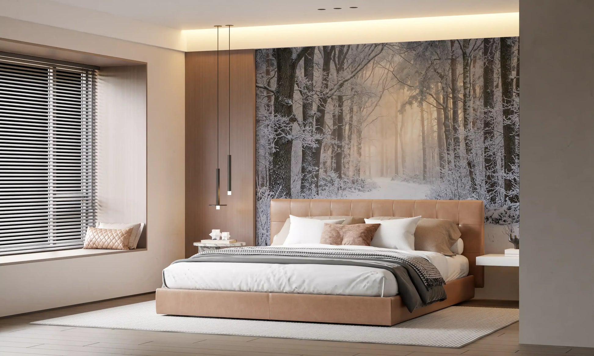 Frosted trees and snowy paths define this winter wall mural.