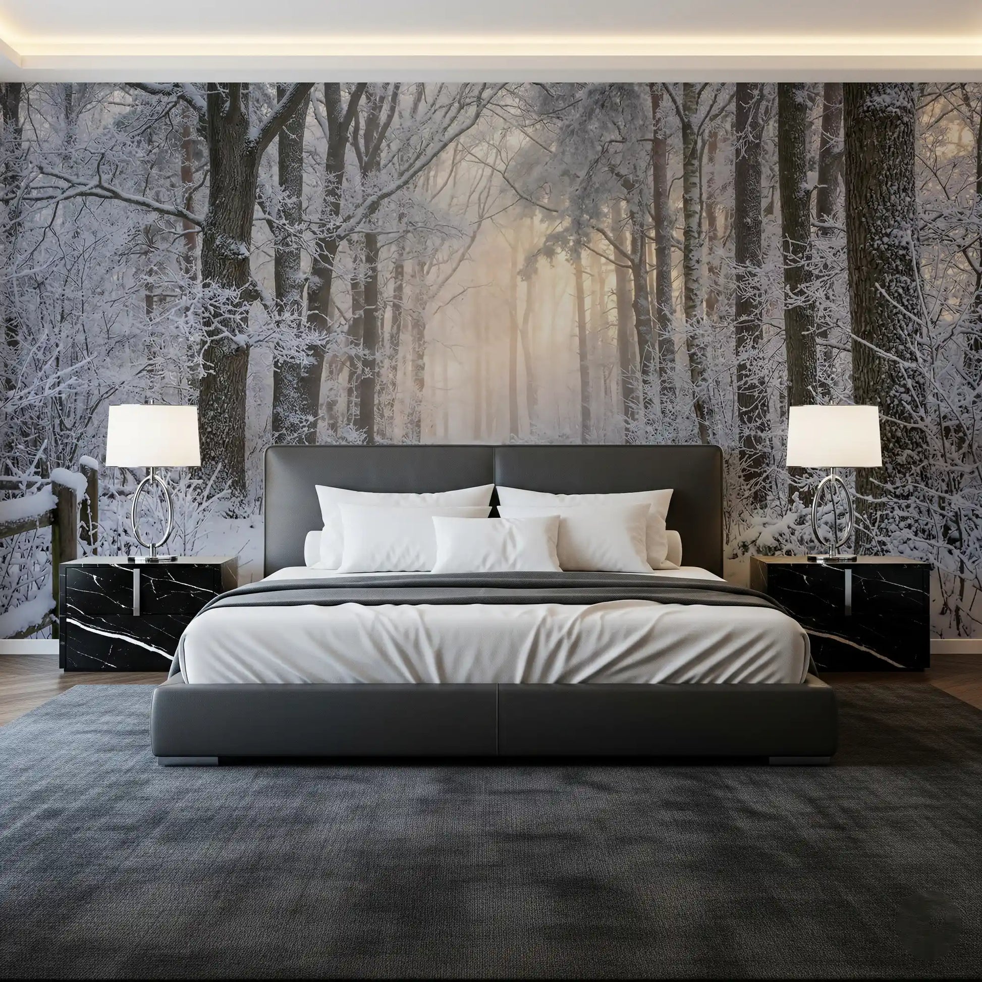 Detailed look at the glowing sunrise in a misty wall mural.