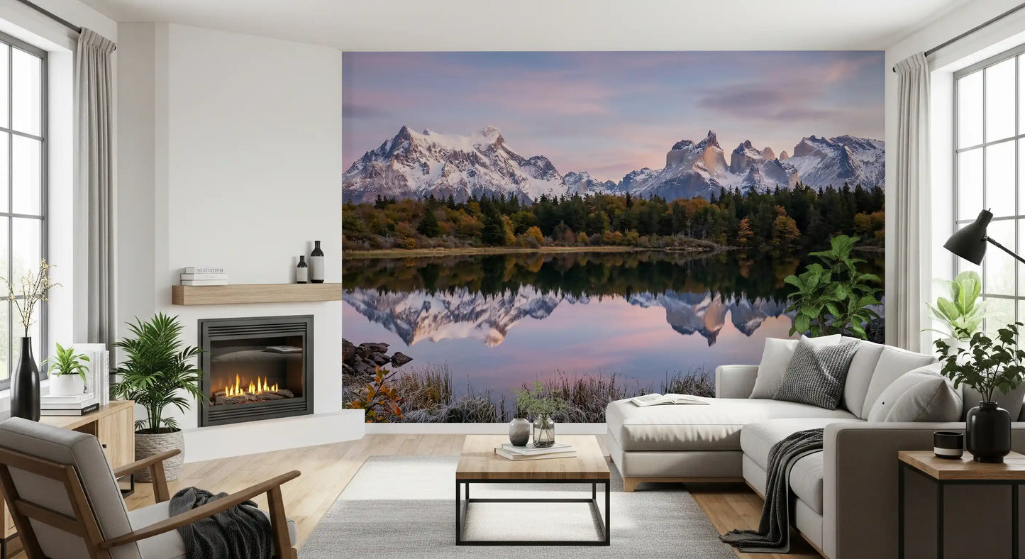dining room setting by a scenic Mountain wall mural.