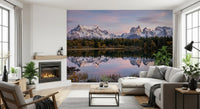 dining room setting by a scenic Mountain wall mural.
