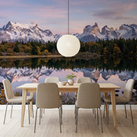 Realistic nature is highlighted in the Pink Sky Mountain Reflection Wall Mural.