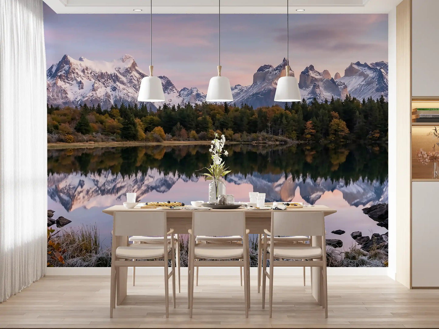 The Pink Sky Mountain Reflection Wall Mural presents soft pastel hues.