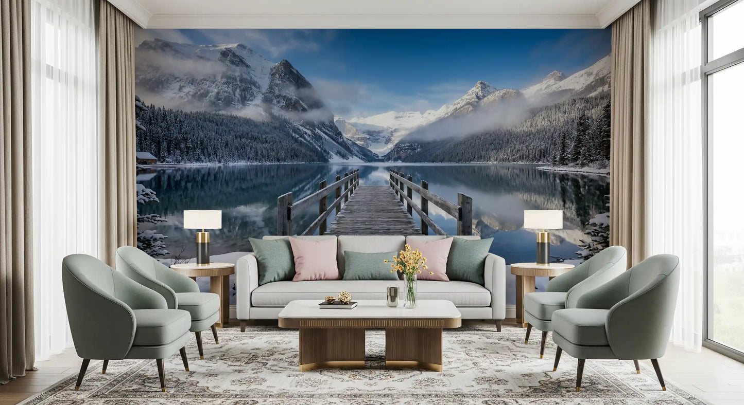 Bright living area displaying a scenic alpine landscape wall mural.
