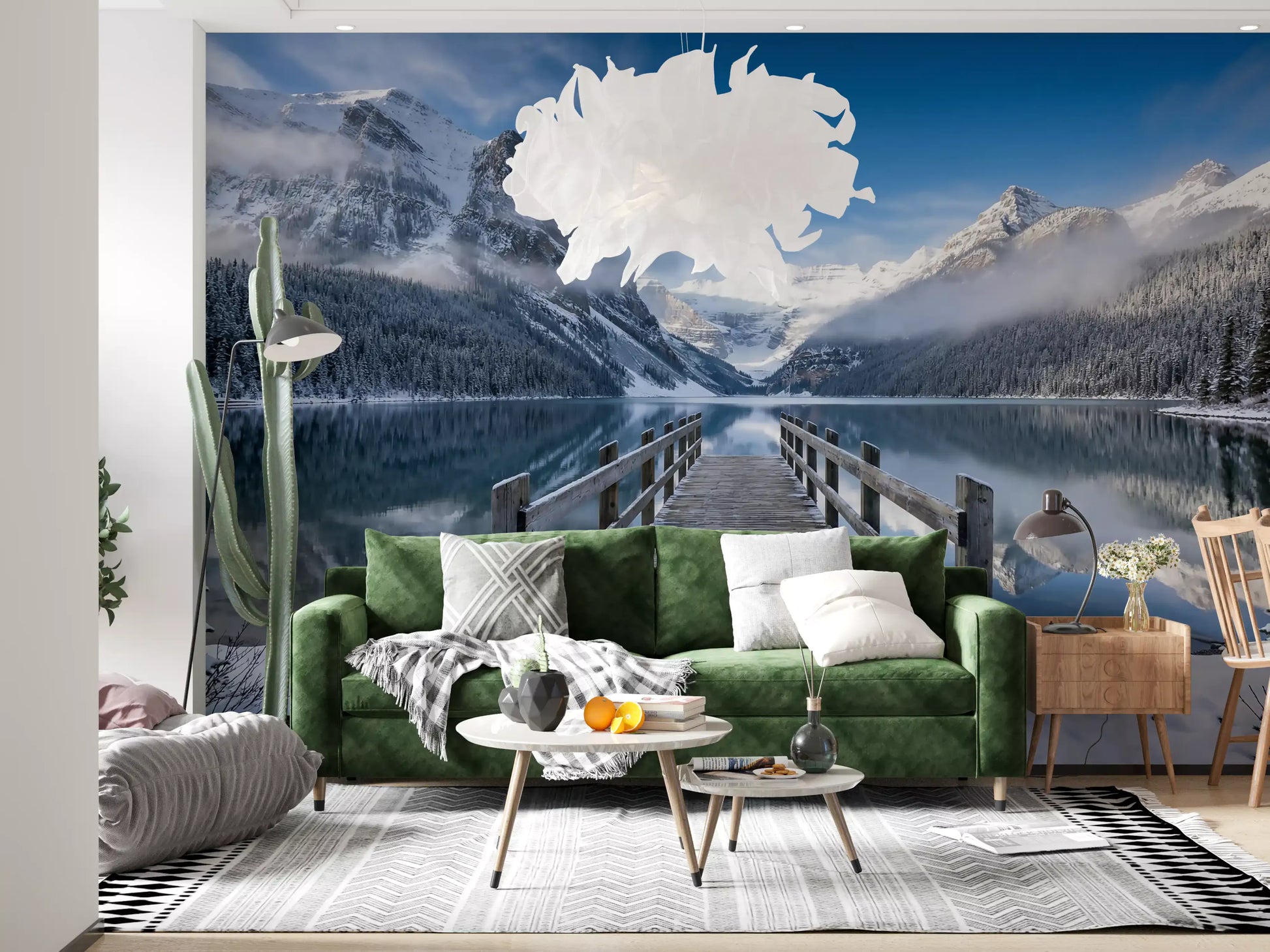 Living room featuring the Alpine Lake Winter Serenity Wall Mural.