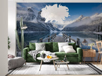 Living room featuring the Alpine Lake Winter Serenity Wall Mural.