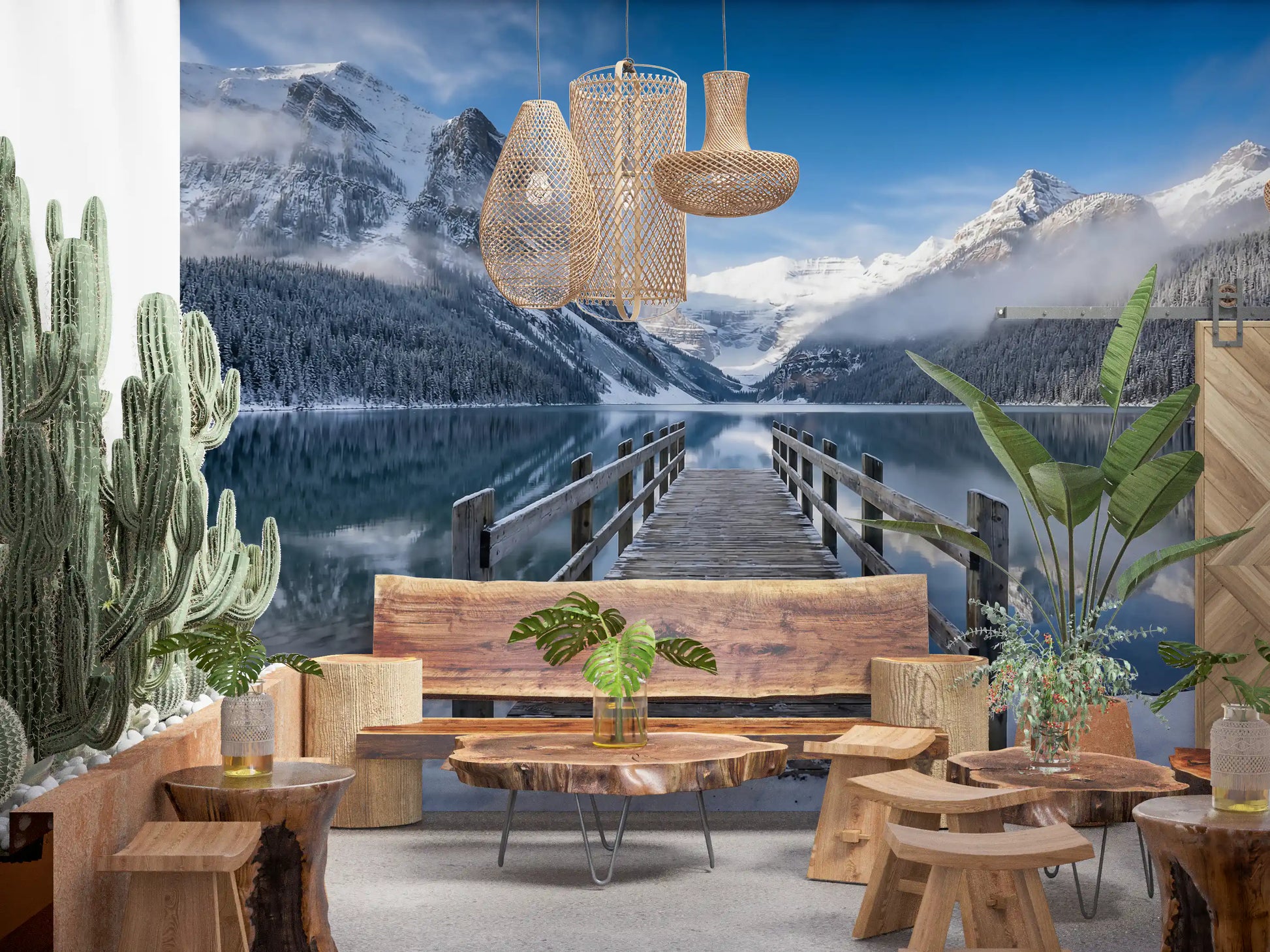 Wooden café and restaurant siting area by a winter mountain wall mural.
