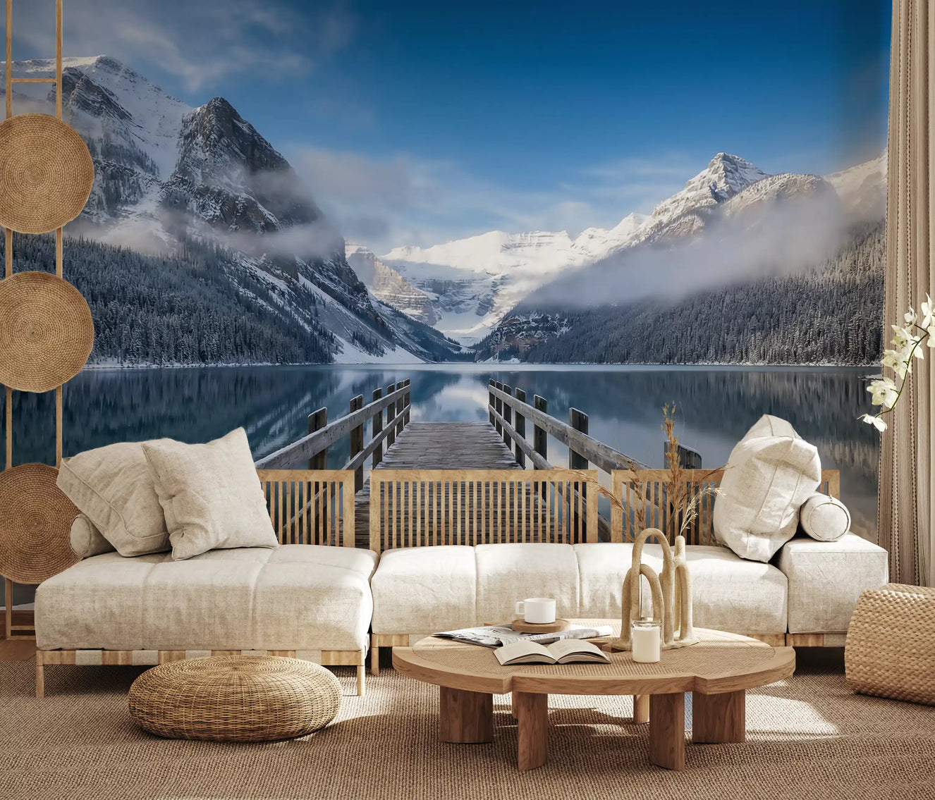 Cozy lounge showcasing a beautiful snowy lake wall mural scenery.