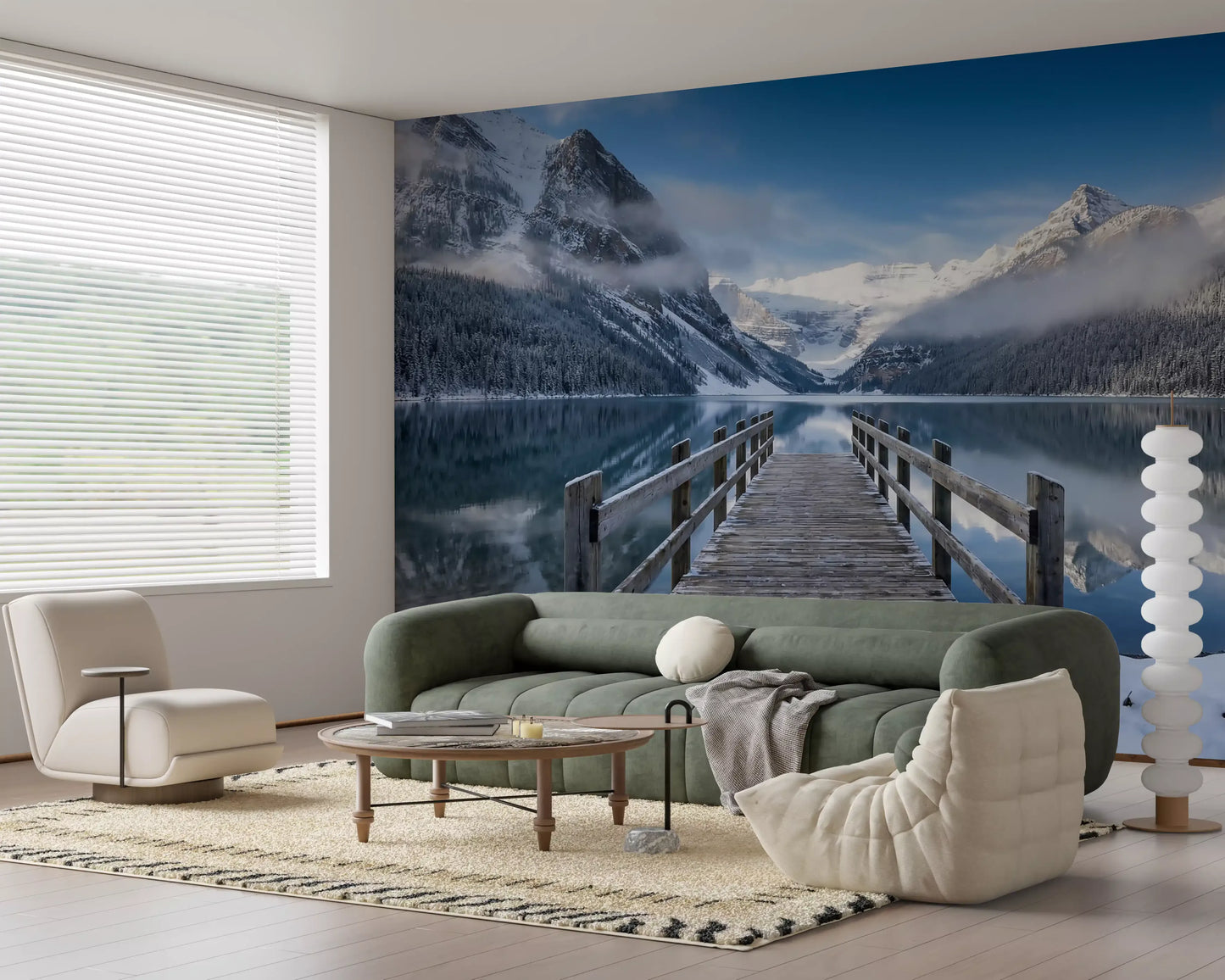Wooden pier stretching into icy waters on a winter wall mural.