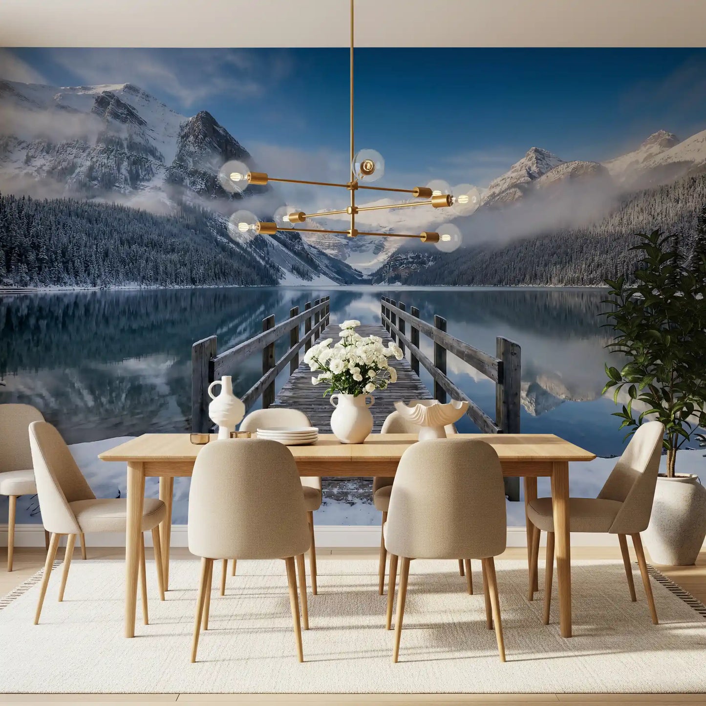 Frosty evergreen trees bordering a pristine lake wall mural scenery.