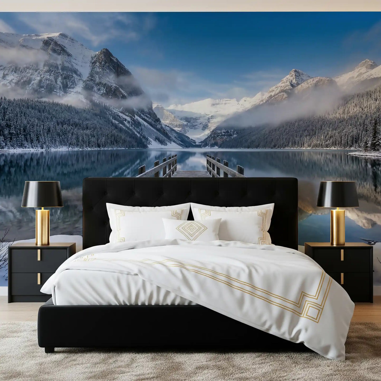 Close-up detail of the Alpine Lake Winter Serenity Wall Mural.