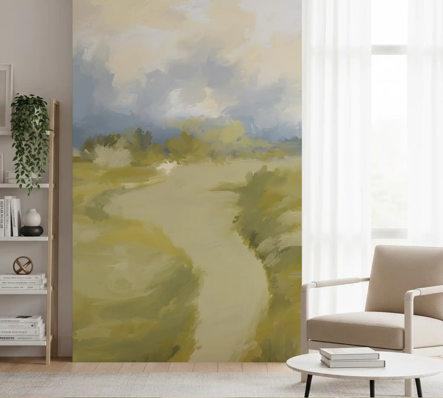 Relaxing lounge environment displaying a beautiful countryside wall mural
