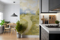 Thick brushstrokes define this serene countryside wall mural landscape