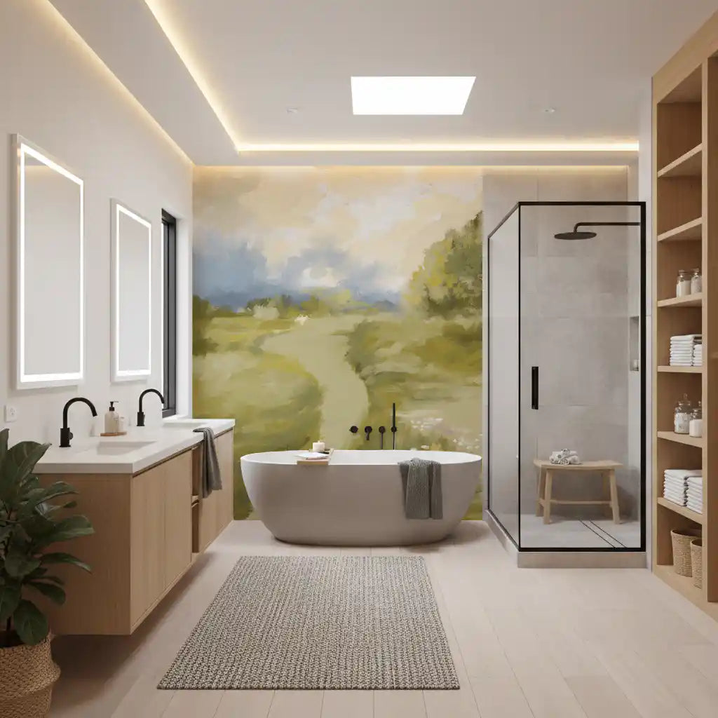 bathroom setting highlighted by a peaceful countryside wall mural