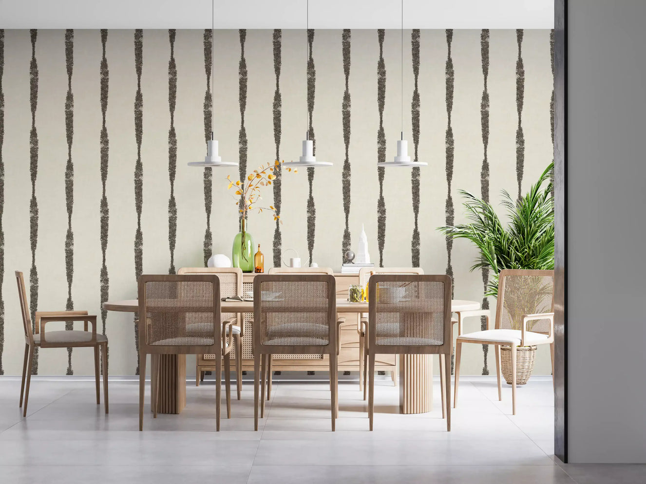Muted Green Textured Distressed Stripes on Creamy White Wallpaper⁠